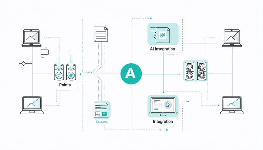 Network diagram illustrating how AI components connect with legacy software systems through APIs and microservices