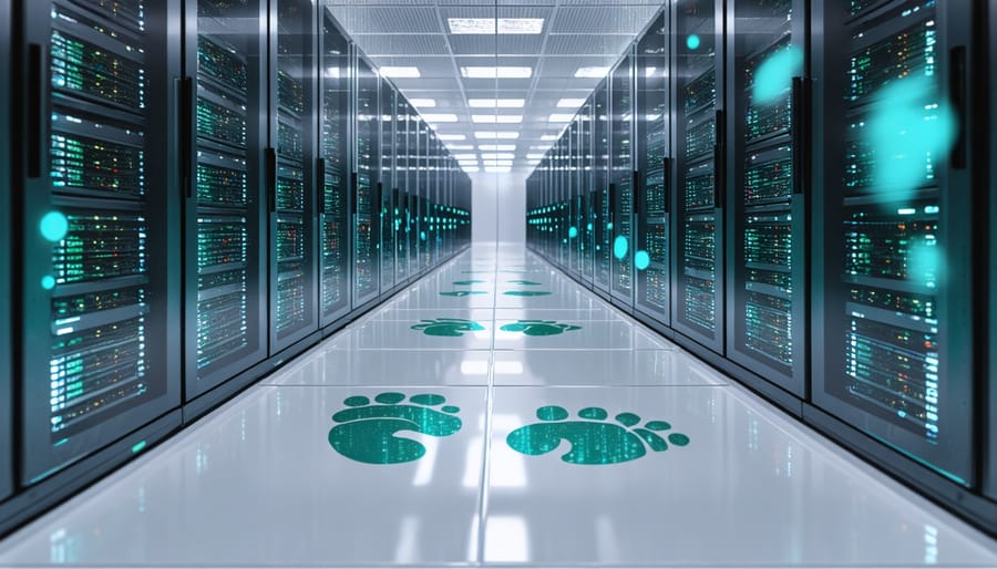 Large data center with visible energy consumption metrics and carbon footprint indicators