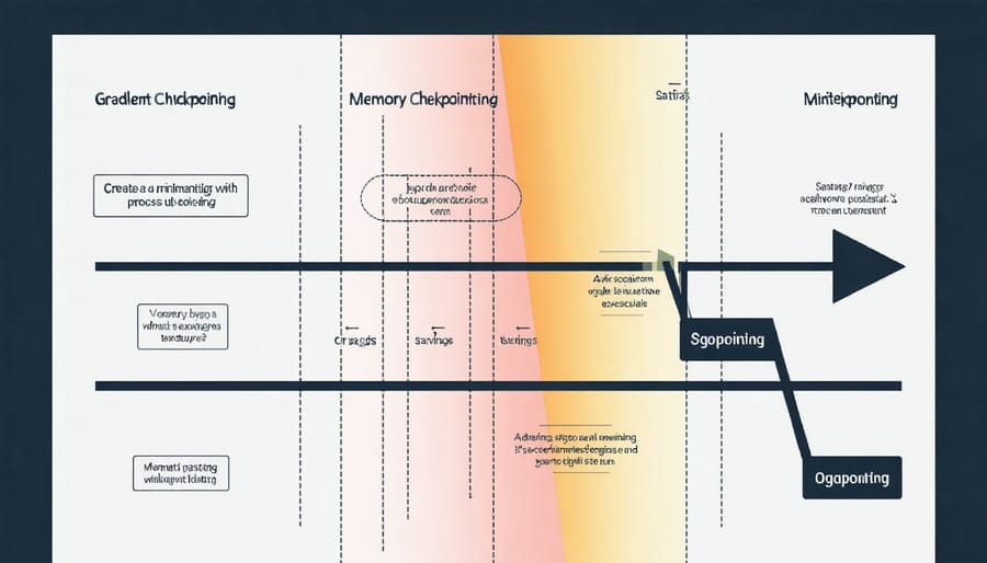 Flow diagram showing how gradient checkpointing reduces memory usage during neural network training