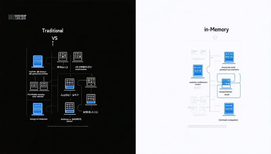 Side-by-side comparison showing data flow in traditional computing versus in-memory computing