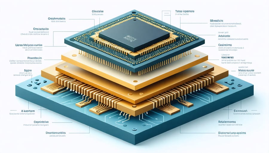 Detailed cross-section view of 3D stacked chip layers showing interconnects and components