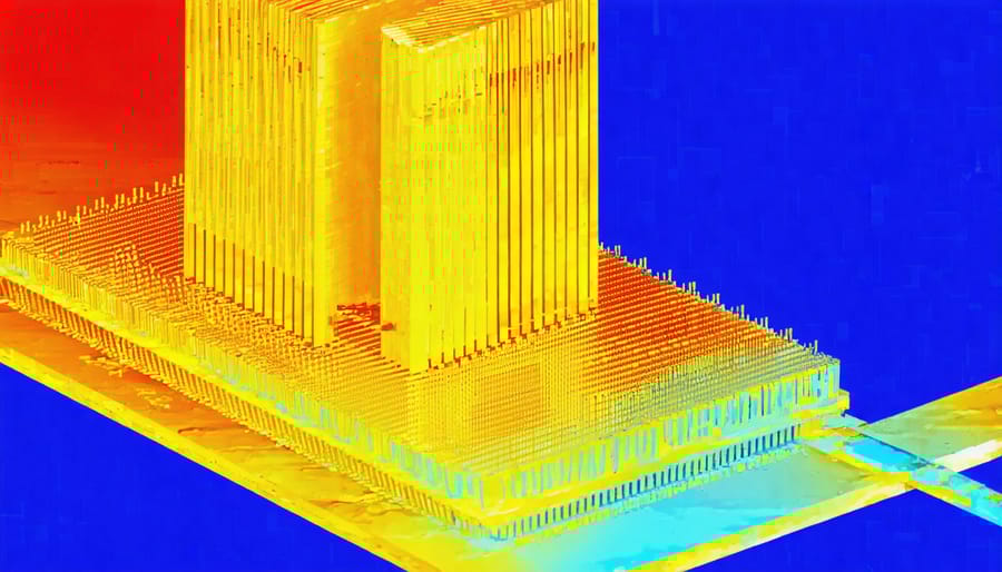 Thermal heat map of 3D stacked chip showing temperature gradients and cooling mechanisms