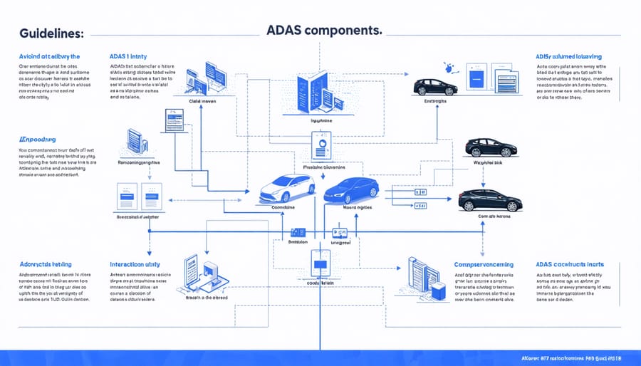 Visual diagram of Advanced Driver Assistance Systems components including sensors, cameras, and control units
