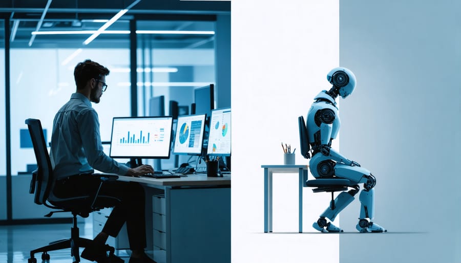 Contrasting images of workers with and without access to AI technology, highlighting the digital divide