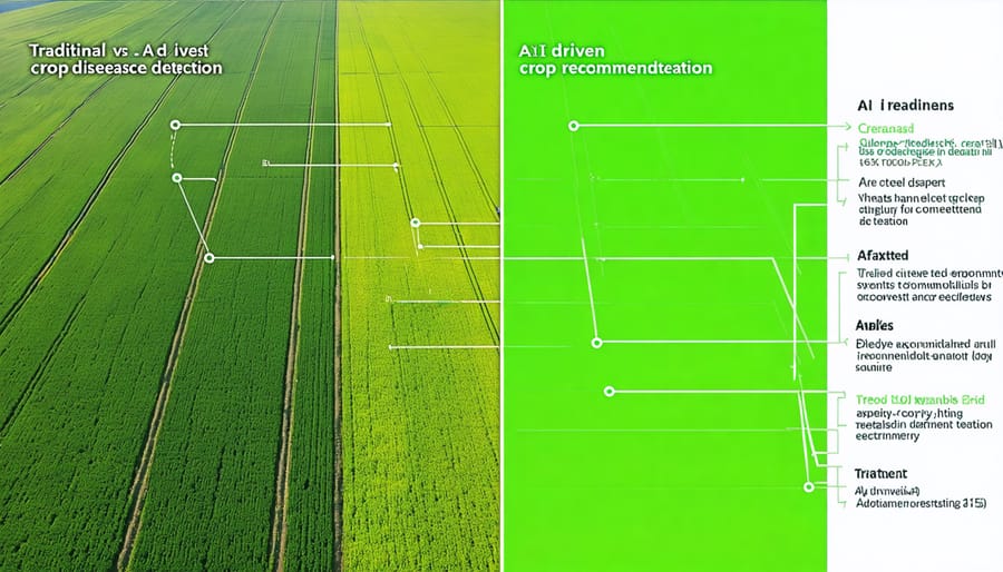 Comparison of traditional and AI-powered crop disease detection methods with diagnostic overlay