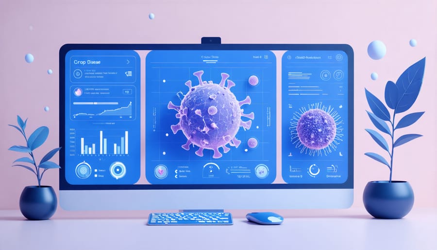 Computer screen displaying AI-powered crop disease identification system with detection highlights