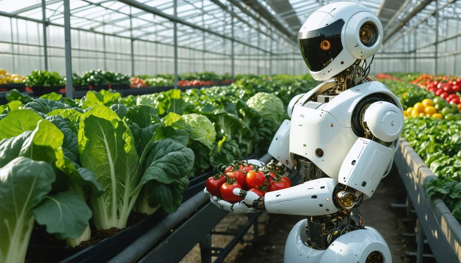Autonomous harvesting robot selecting and picking ripe vegetables in a modern greenhouse