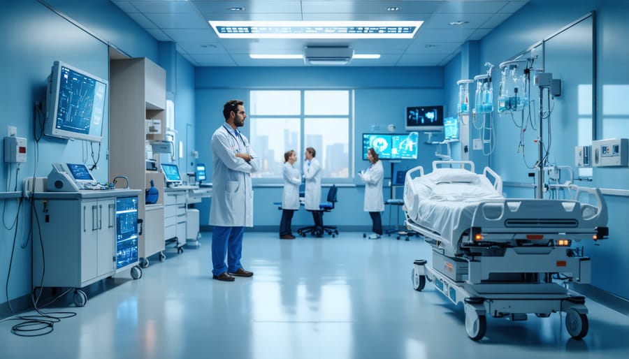 Healthcare professionals using AI-assisted medical imaging equipment in a modern hospital