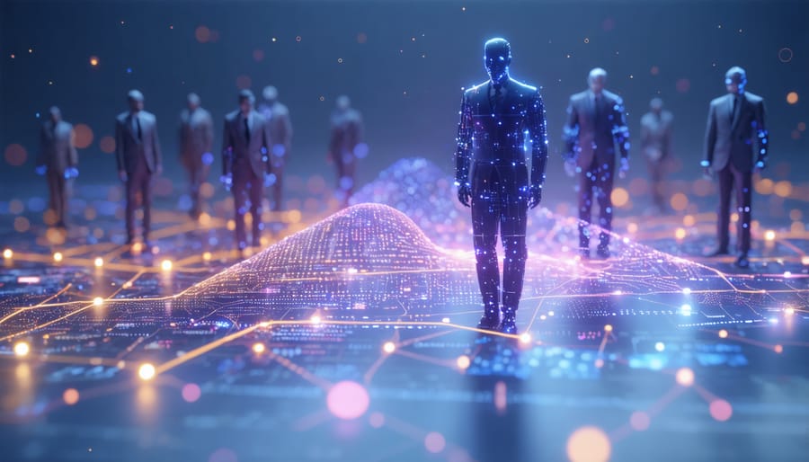 Abstract representation of AI and human collaboration in modern business settings