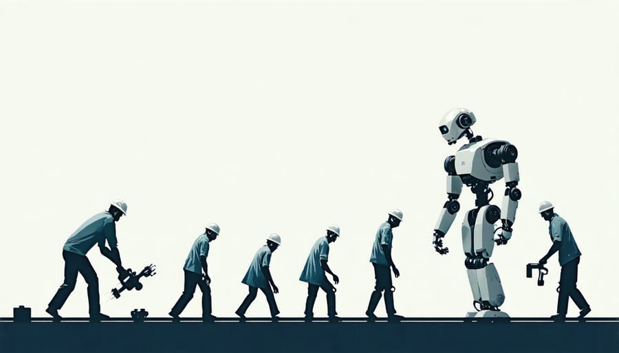 Illustration of workplace automation showing the transition from human workers to AI-powered robots