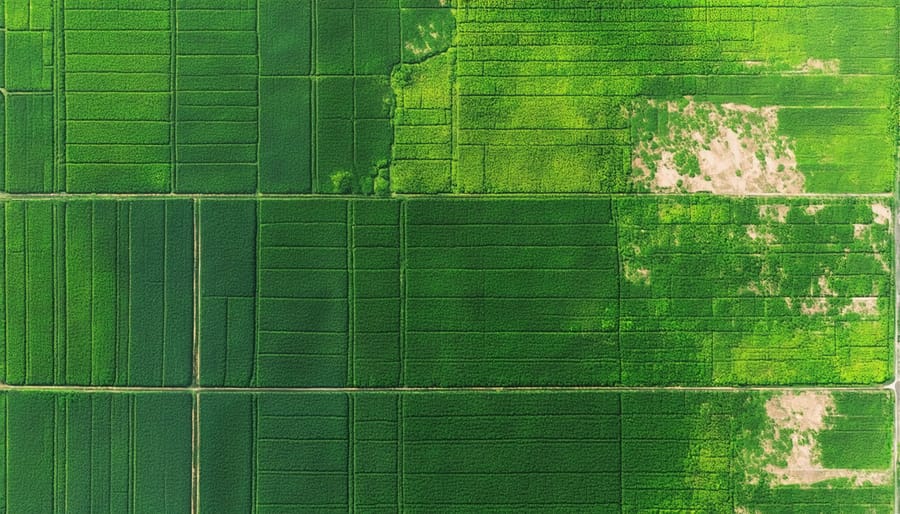 Color-coded satellite image showing crop health analysis with AI-generated overlays