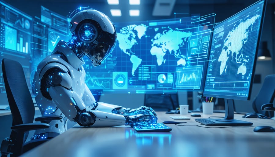 Business professional interacting with advanced AI analytics tools and displays