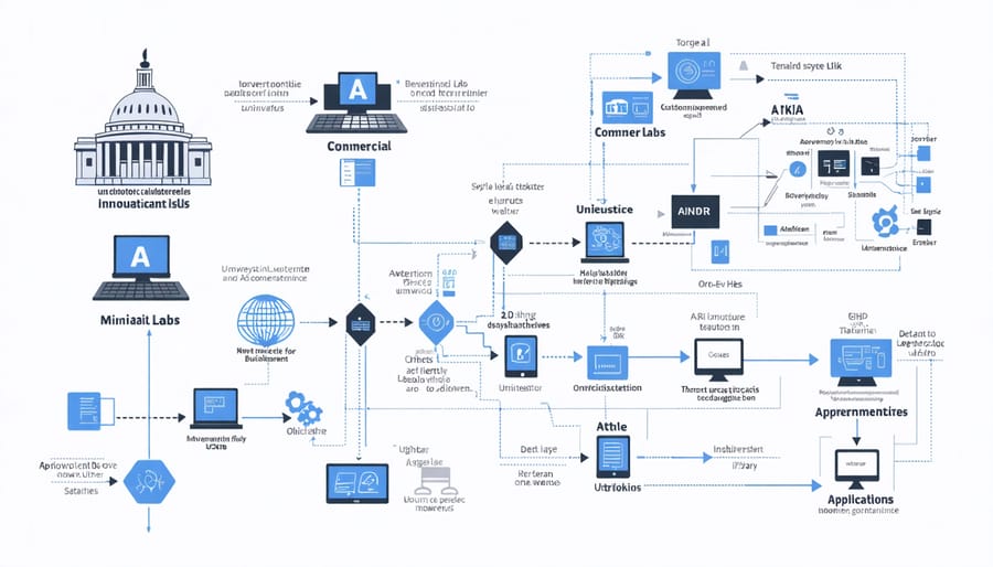 Diagram illustrating how AI technology transferred from research institutions to commercial products