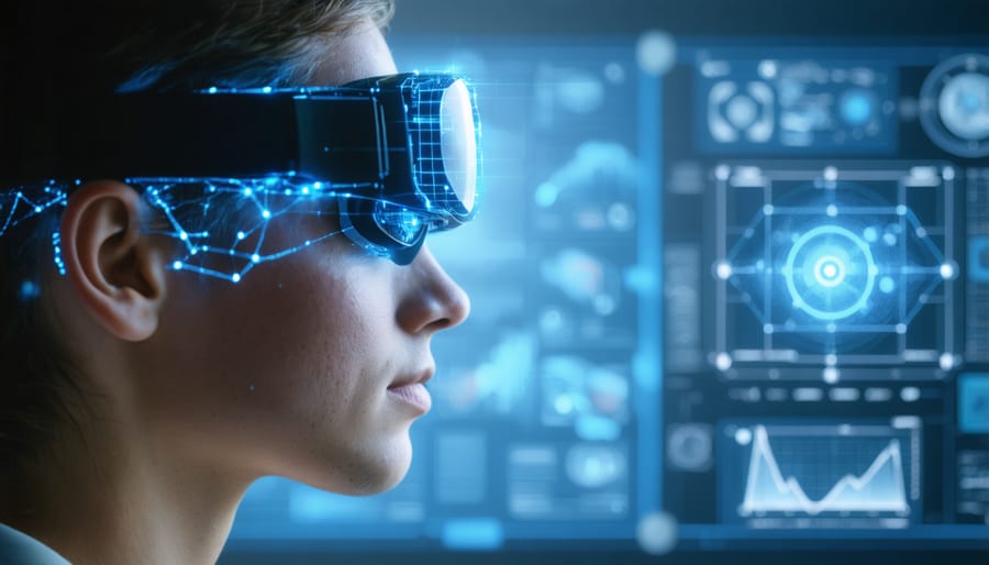 Individual using brain-computer interface with AI signal processing visualization