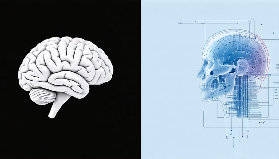 Side-by-side comparison of human brain activity and artificial neural network processing patterns