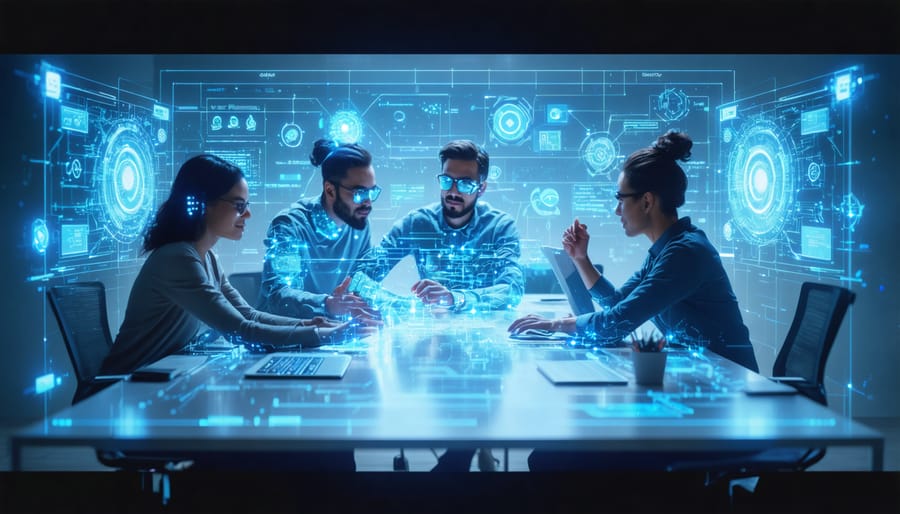Team members using collaborative AI interfaces for group learning