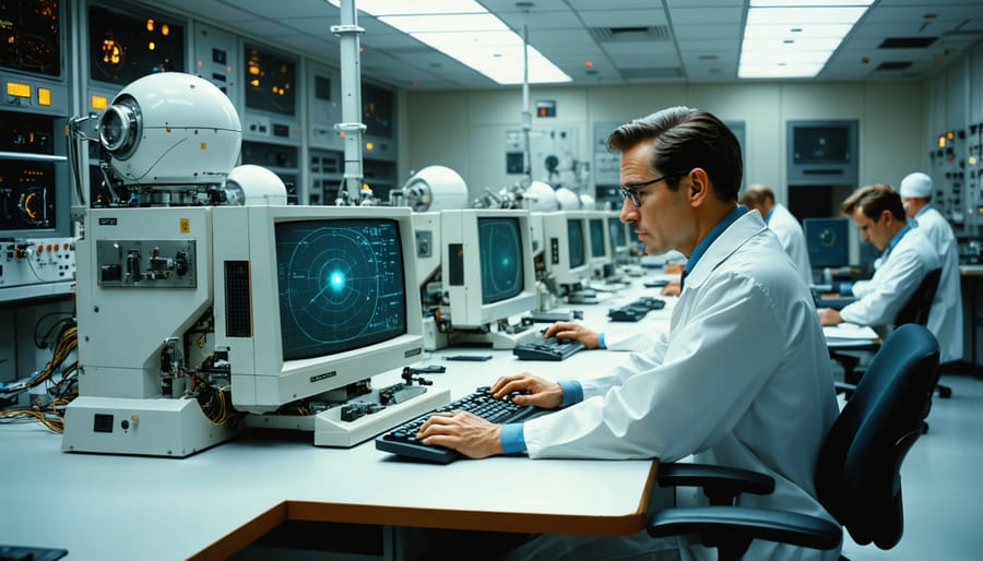 Vintage photograph of DARPA researchers working with early computer equipment for AI development