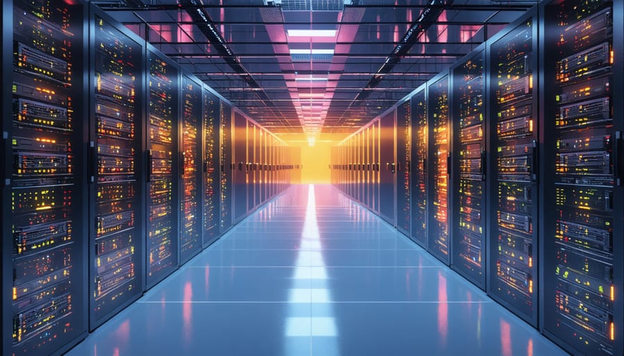 Infrared thermal image of data center servers with varying temperature zones displayed in different colors