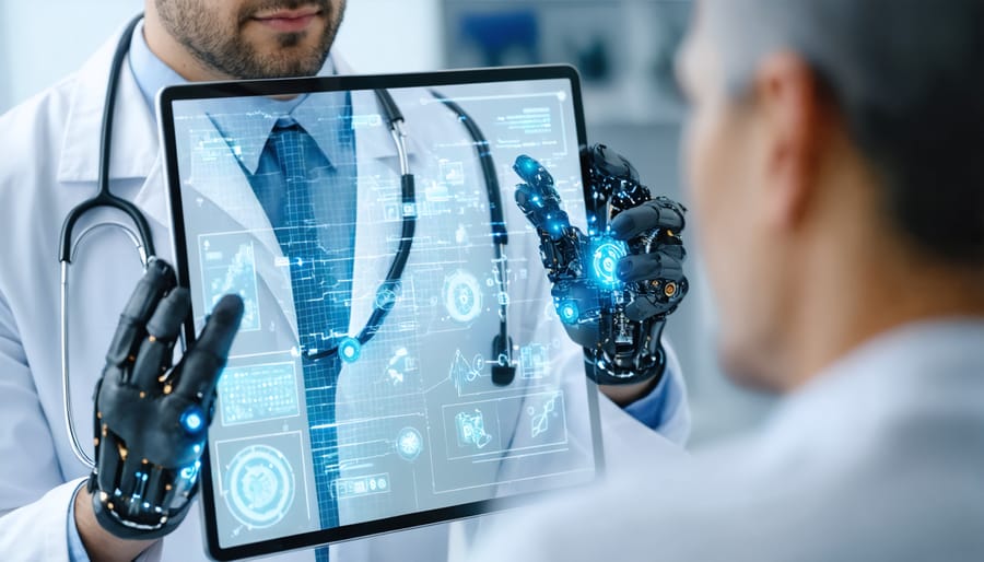 Healthcare professional collaborating with AI technology during patient consultation