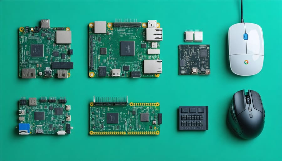 Various edge AI computing devices and development boards displayed together
