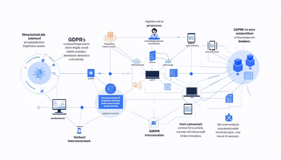 Infographic showing how GDPR principles like data minimization and transparency connect with AI development elements