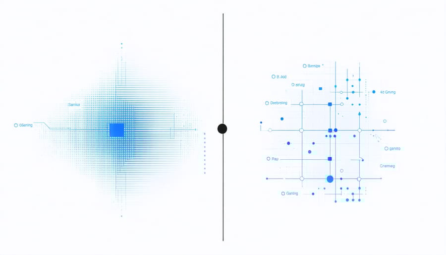 Split diagram comparing GPU processing patterns: gaming showing graphics pipelines vs AI showing parallel matrix operations