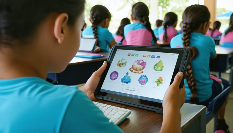 Group of students engaging with digital Hawaiian language learning tools on tablets