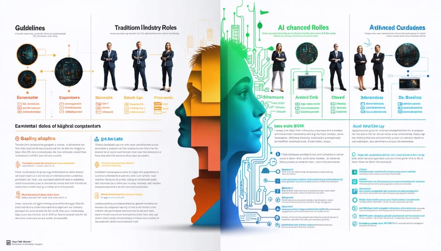 Comparative visualization of traditional versus AI-enhanced job roles across different industries