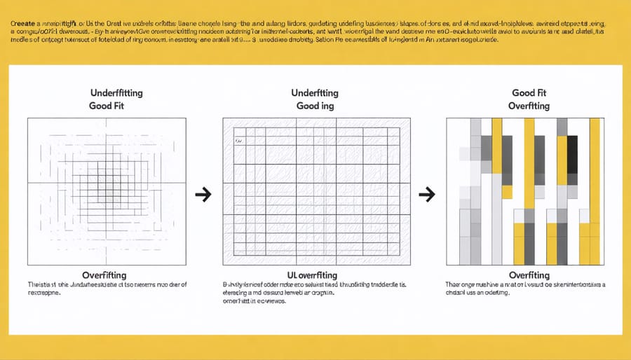 Three graphs showing examples of underfitting, optimal fitting, and overfitting in machine learning models