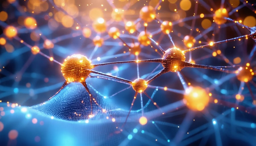 Abstract visualization of a neural network with illuminated nodes representing artificial neurons and their connections