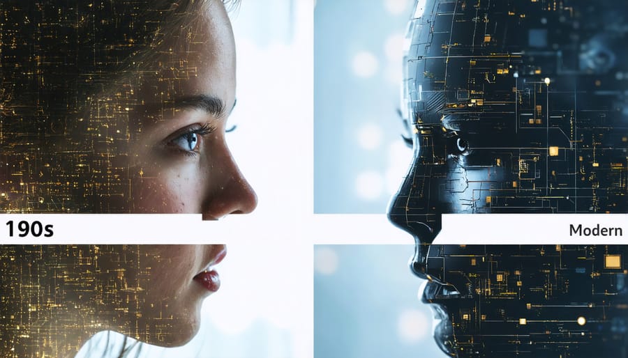 Side-by-side comparison of 1990s computer vision patterns and modern AI-generated images