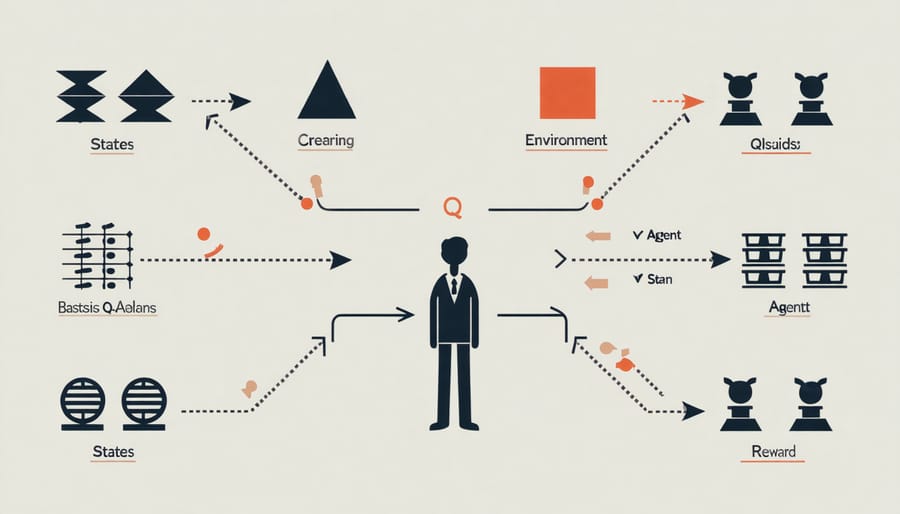 Visual representation of Q-learning components showing an agent navigating through states and receiving rewards