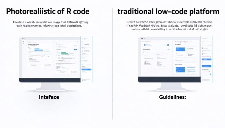 Side-by-side comparison of R programming environment and drag-drop low-code interface
