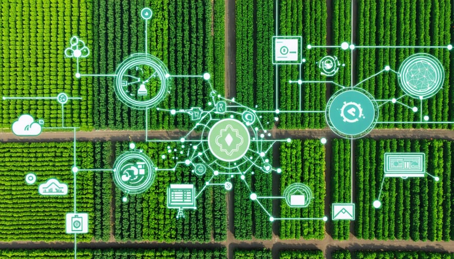 Smart farm aerial view showing IoT sensors and real-time data monitoring systems across crop fields