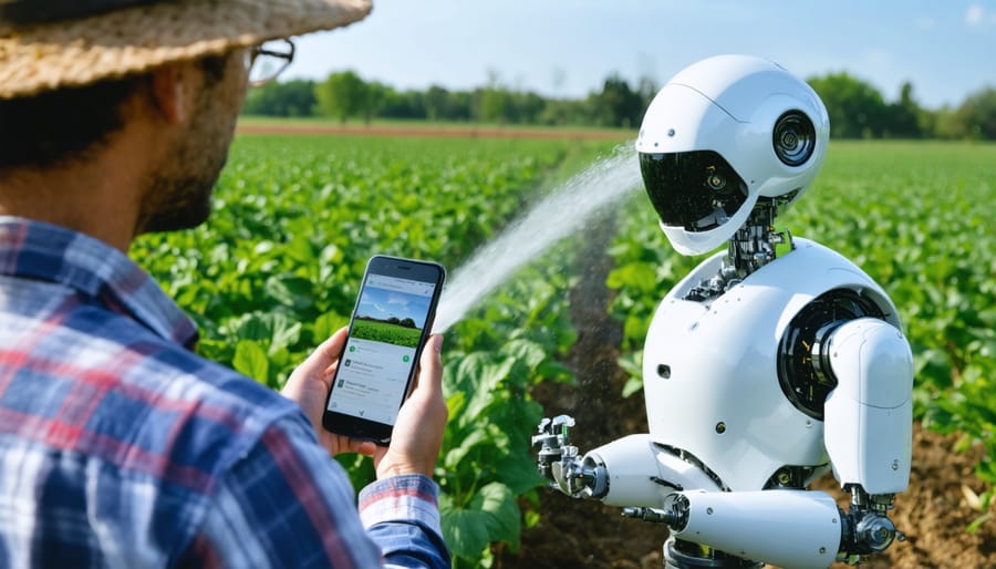 Agricultural worker viewing smart irrigation controls on mobile device in field