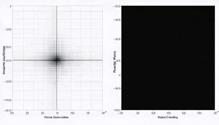Comparative visualization of traditional and robust z-score distributions with outlier points highlighted