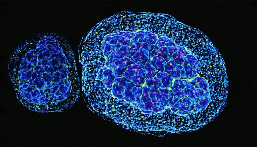 AI system processing microscopic cell images with overlaid machine learning analysis