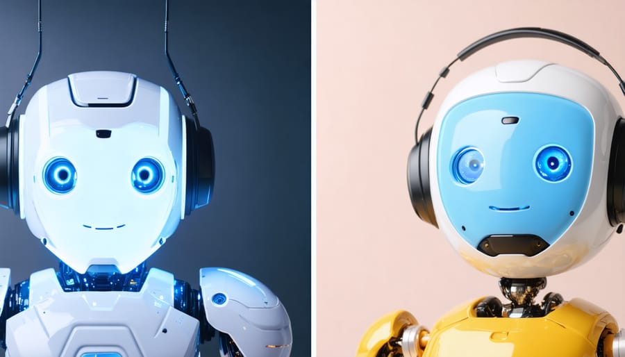 Side-by-side comparison showing human customer service agent and AI chatbot interface managing customer inquiries