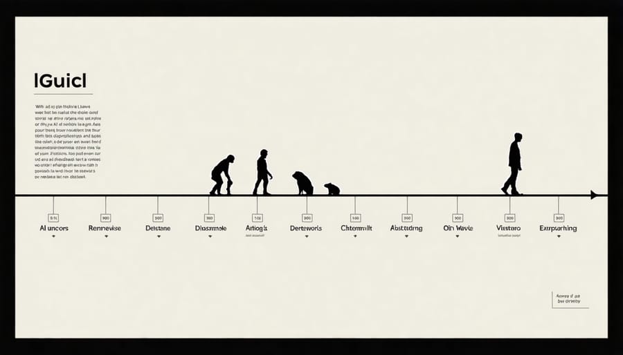 Illustrated timeline depicting key milestones in AI ethics development from 1940s to present