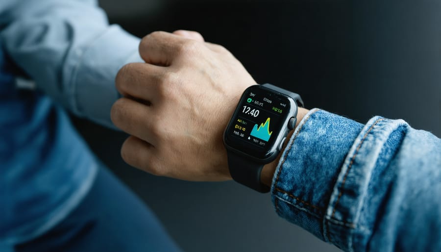 Smartwatch displaying real-time health monitoring data with AI analytics interface