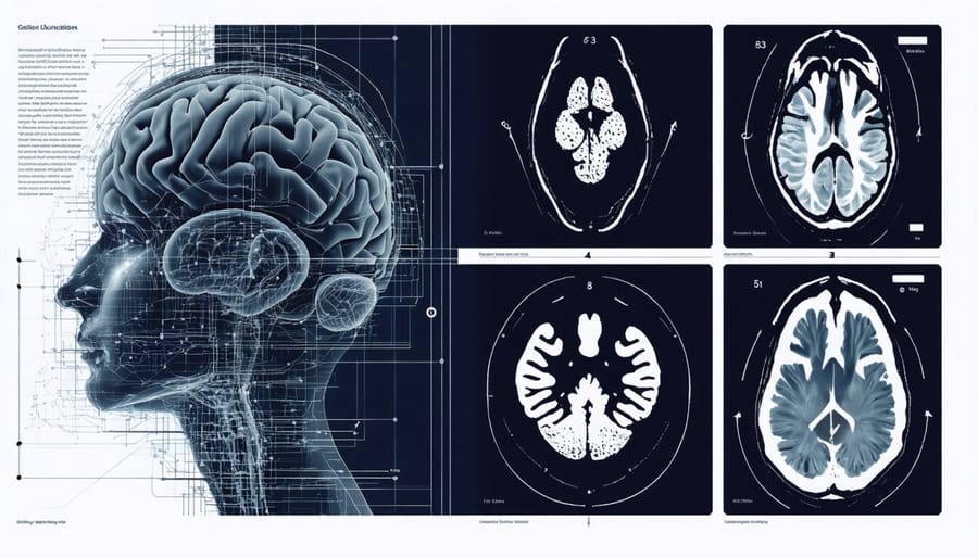 Abstract visualization of AI analyzing mental health data patterns with interconnected nodes and neural pathways