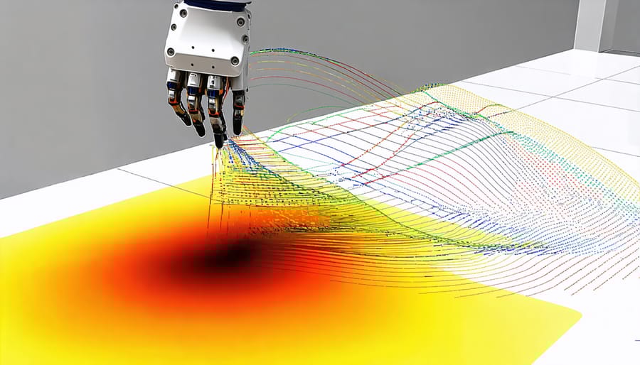 AI-generated optimization paths for robotic arm movements with motion heat mapping