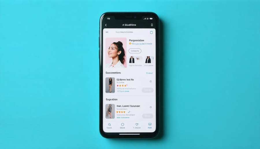Smartphone screen showing AI-driven personalized shopping recommendations with product cards and matching scores