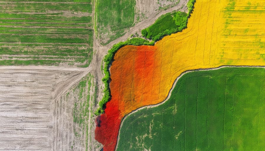 Aerial view of farmland with AI-powered soil analysis visualization