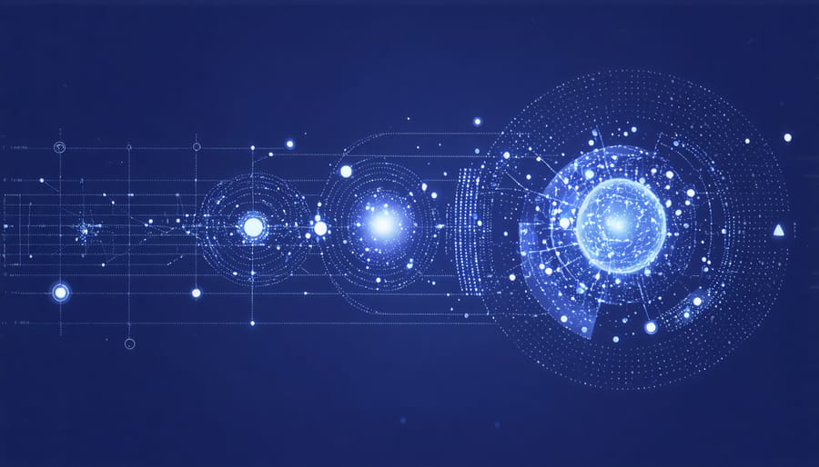 Abstract visualization of AI analyzing space telescope data with interconnected nodes and astronomical objects