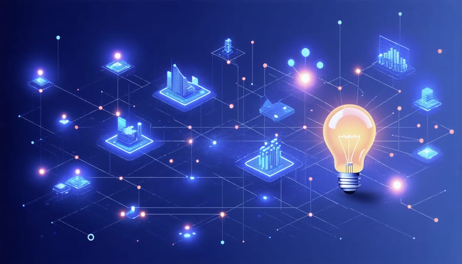 Data visualization showing AI-powered supply chain optimization with flowing connections between warehouse, logistics, and retail nodes