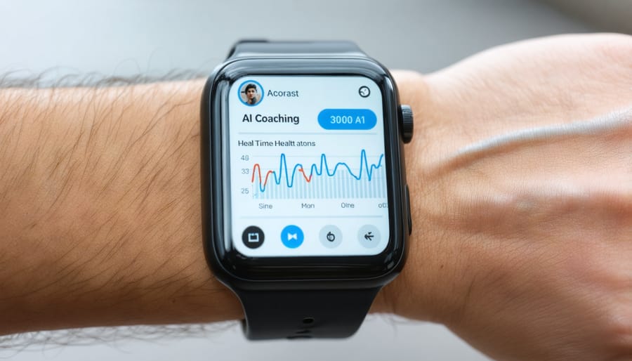 Smartwatch interface showing personalized AI wellness coaching prompts and health data