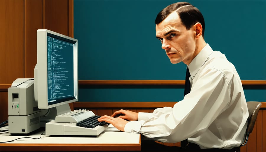 Black and white photograph of Alan Turing working with early computer machinery