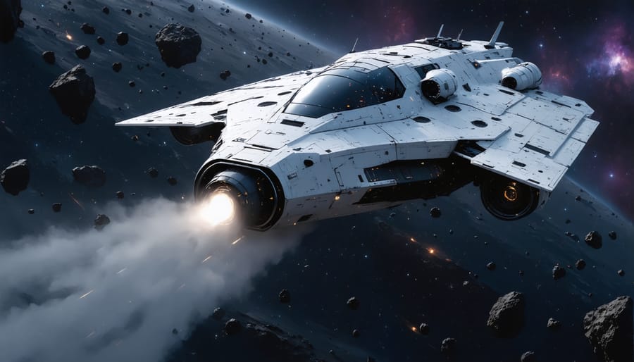 Artist's rendering of future AI spacecraft avoiding asteroids in deep space