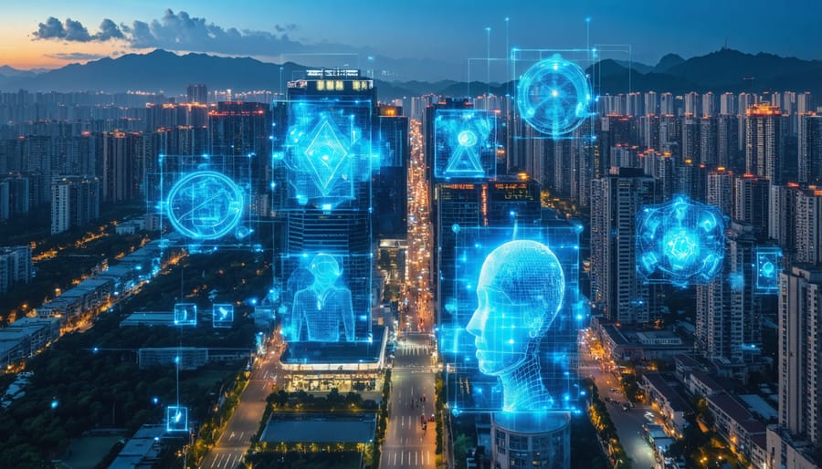 Night view of Shenzhen's tech hub featuring buildings with AI visualization displays